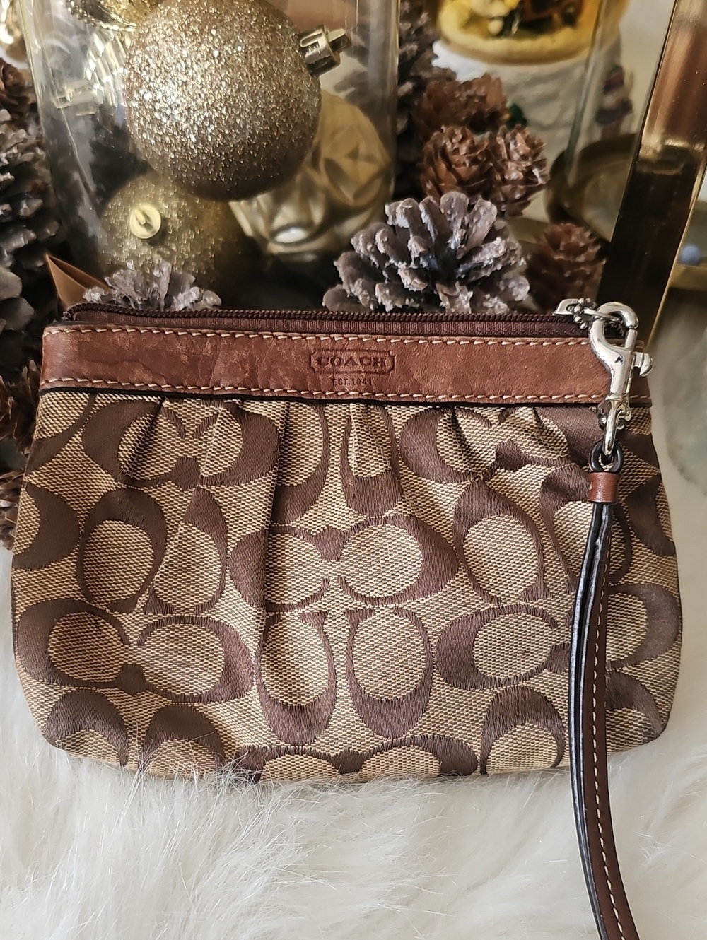 Coach Brown Signature Canvas Wristlet with Leather Trim